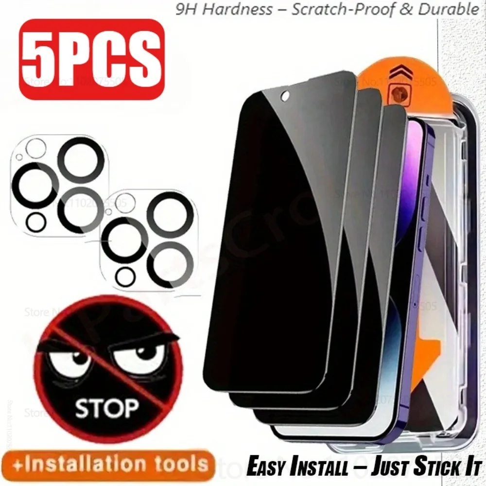 

3Pcs Anti-Spy Tempered Glass+2Pcs Camera Lens Protector for IPhone 16 Promax 15 Plus 13 12 11 Pro 14 Plus Dust-free Installation