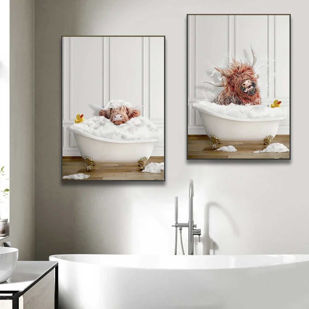 Funny And Cute Animal Canvas Prints Bathroom Wall Art Posters Highland Cow Giraffe Lion Take Shower Pictures For Washroom Decor