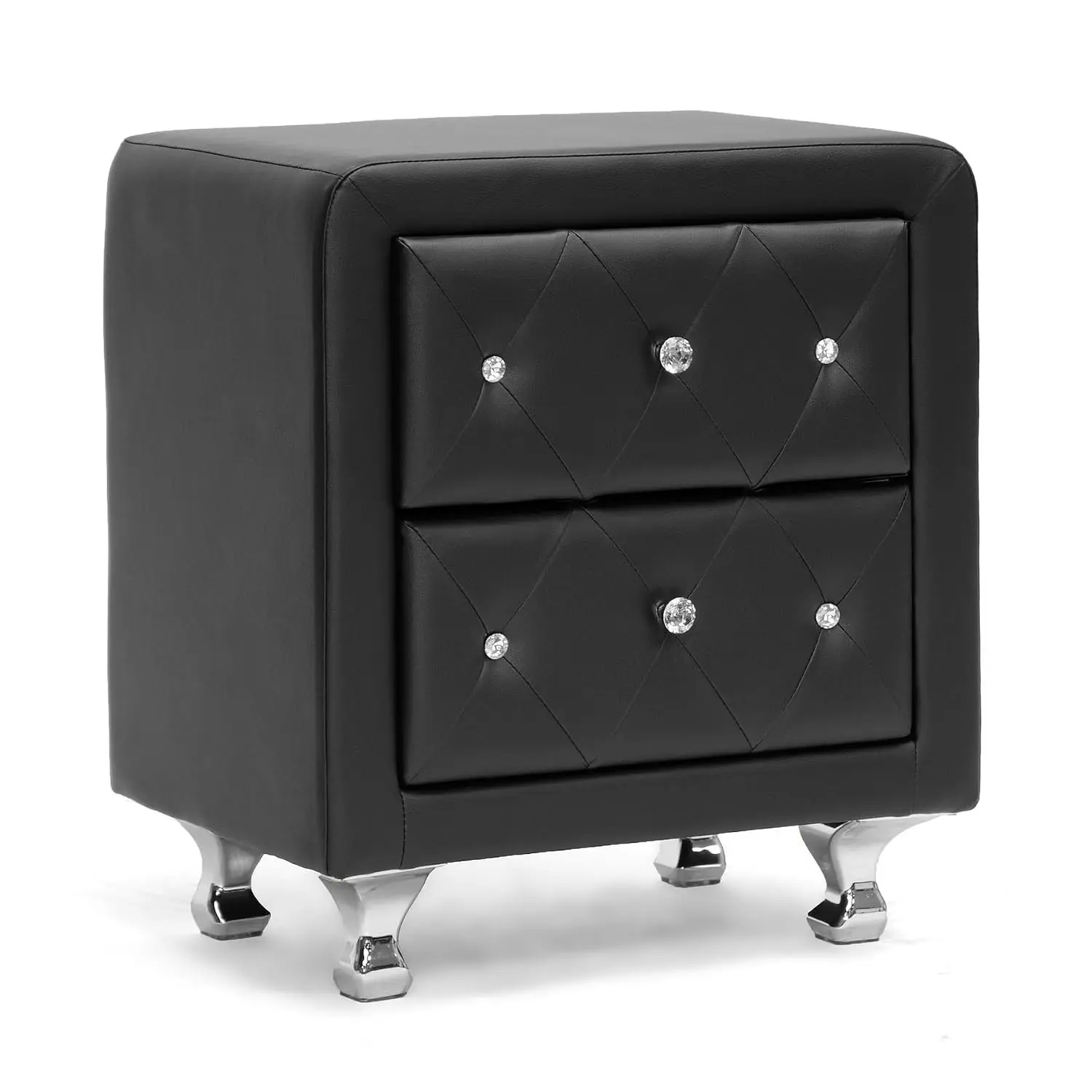 Faux Leather Nightstand 2 Drawers Crystal Buttons Chrome Legs Wood Metal Bedroom 23.75