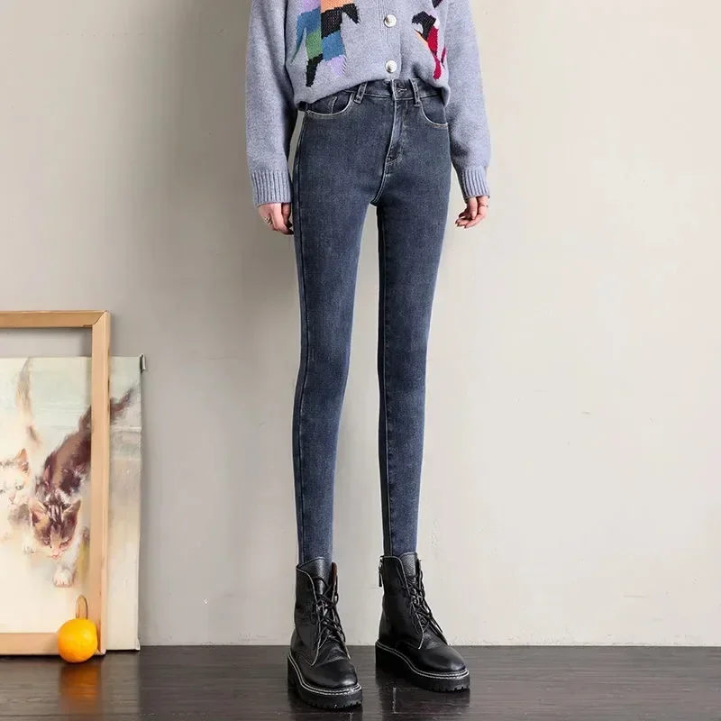 2024 slim Stretch jean High waist plus velvet Winter jeans women Korean Thick warm casual skinny pencil denim Ankle-Length Pants
