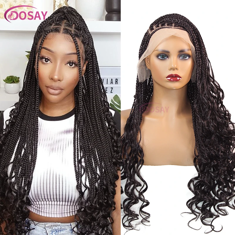 Pelucas de encaje trenzado sintético de 28 ", peluca de encaje con trenzas en caja sin nudos y rizada francesa rubia para mujeres negras, pelo de bebé con parte cuadrada de encaje completo