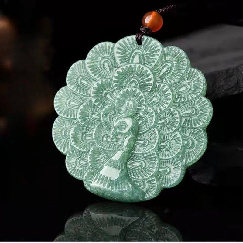 

Natural Jadeite A-grade Bean Seed Peacock Open Screen Pendant for Men and Women's Popular Jade Pendant