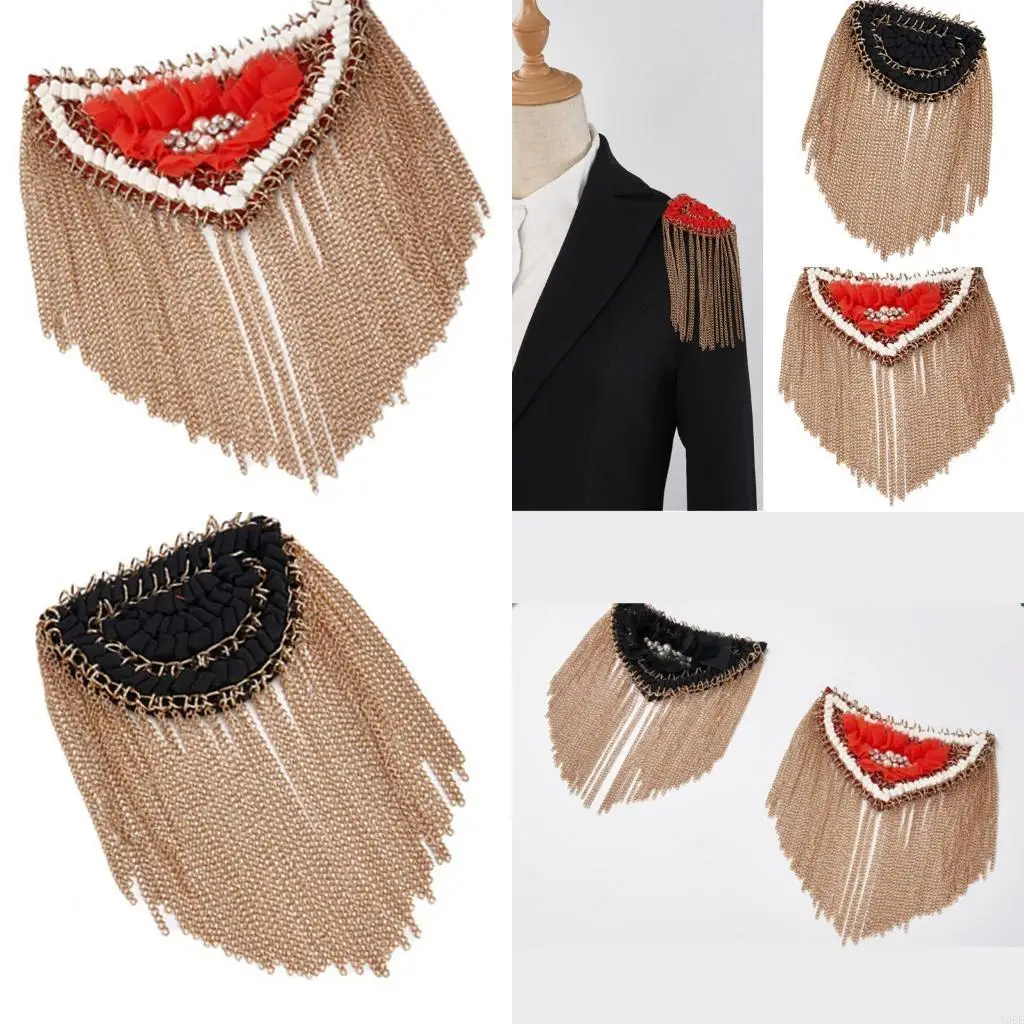 Artificial Pearls Studded Epaulet Metal Tassels Epaulette Shoulder Badges Metal Chain Fringed Epaulette for Women Men Y08E