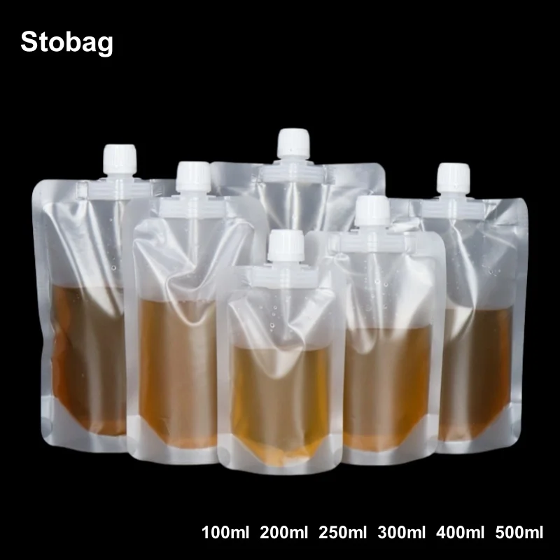 StoBag 100pcs Frosted Matte Liquid Packaging Nozzle Bags Drinking Clear Milk Juice Beverage Sealed Storage Reusable Pouches