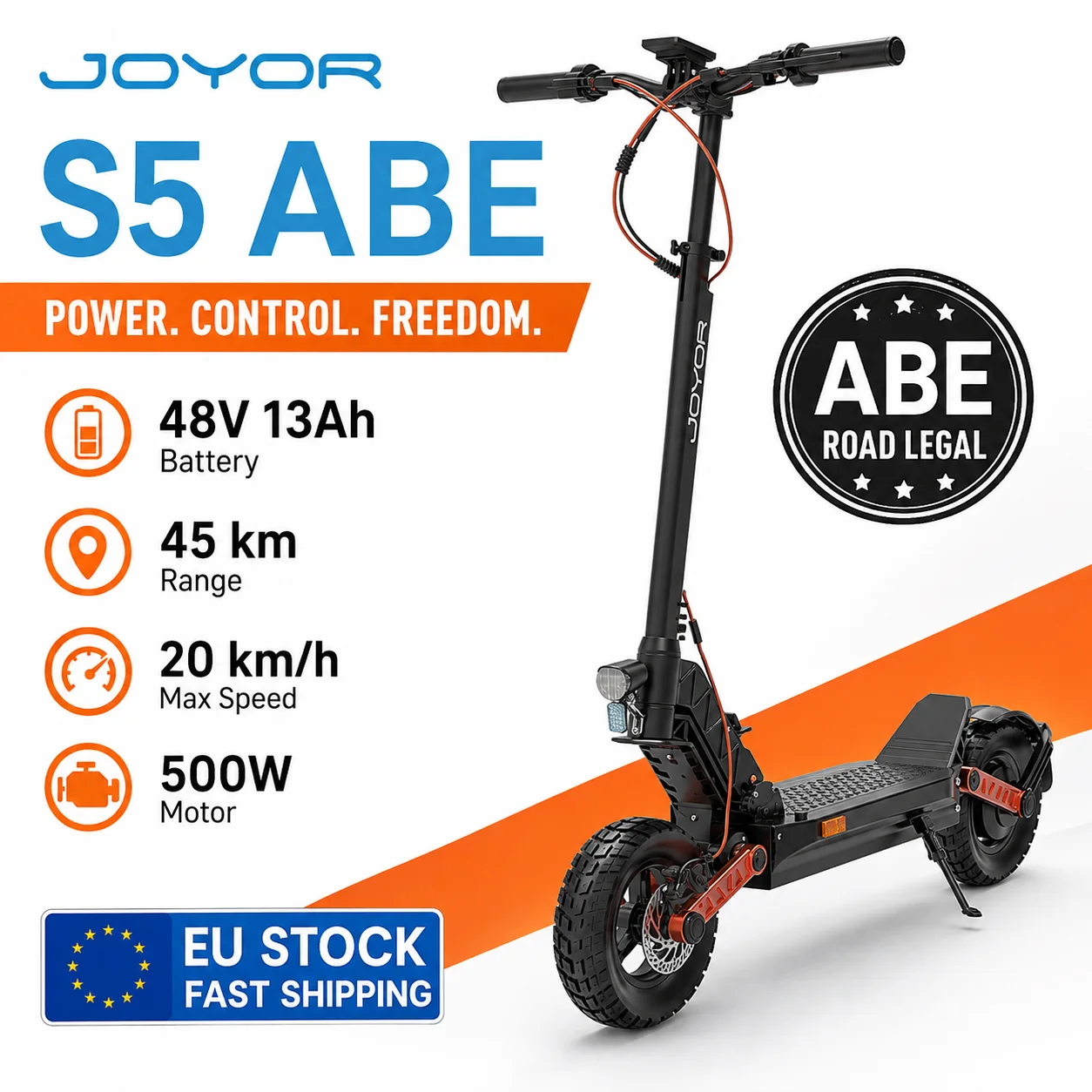 JOYOR S5 (ABE) Folk Elektroroller 48V13Ah Batterie 45KM maximale Reichweite Doppelte Scheibenbremsen 10-Zoll breite Reifen Tempomat Licht Erwachsenen-E-Scooter EU-Lagerbestand