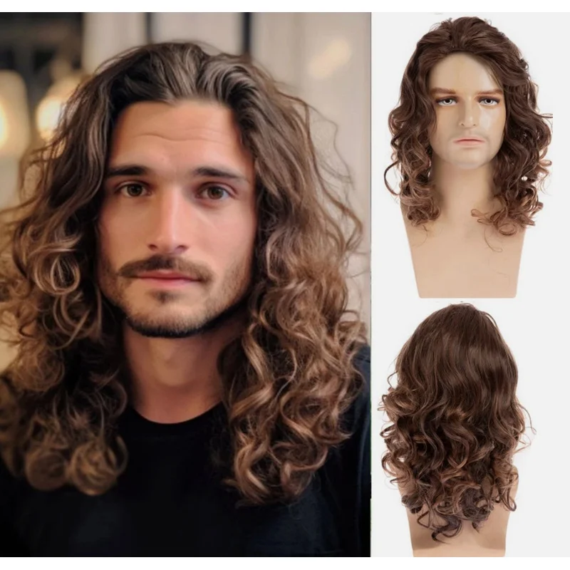 

Коричневый мужской длинный вьющийся волнистый синтетический парик для Хэллоуина для мужчин