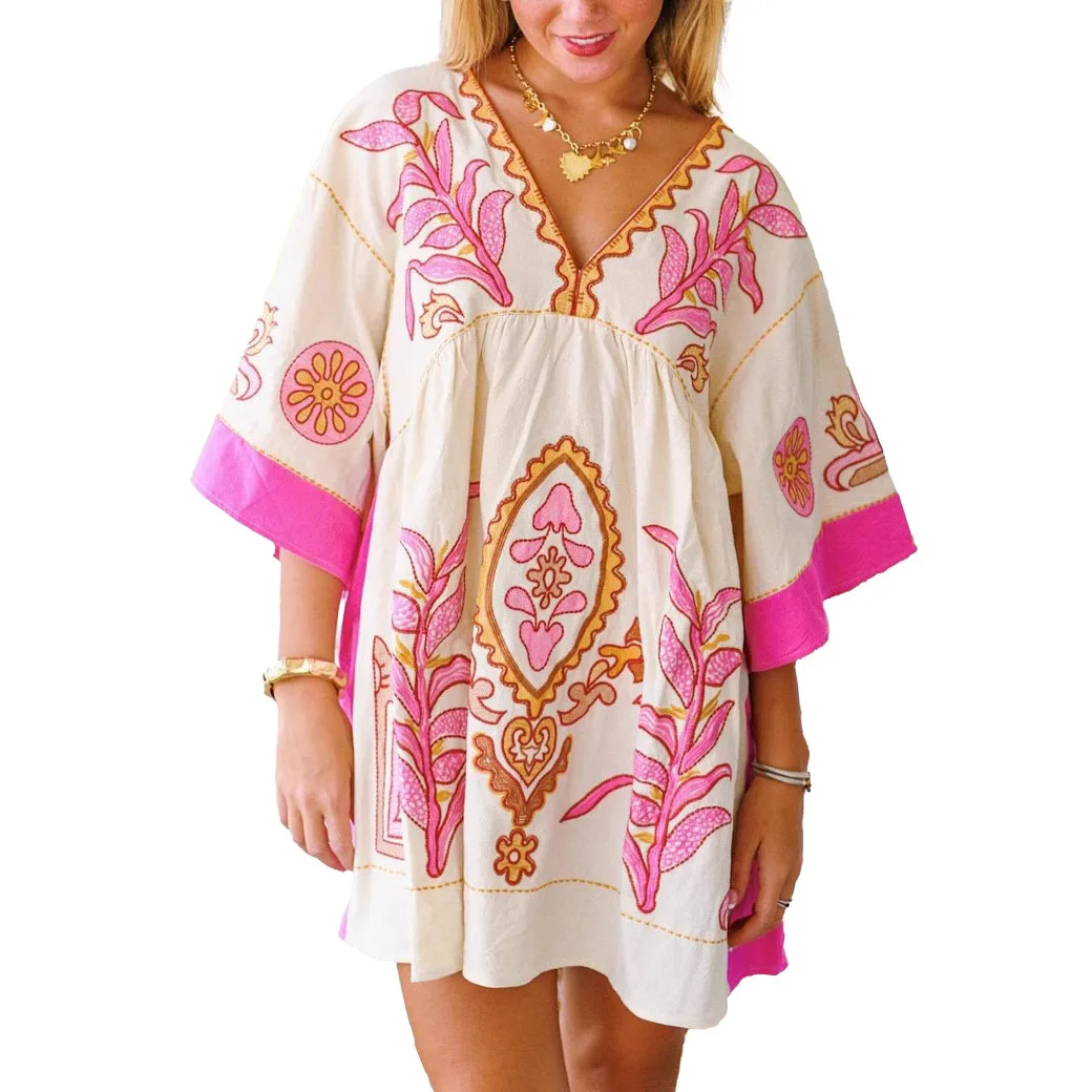 Minivestidos bohemios de algodón y lino con bordado Floral para mujer, Vestidos con mangas acampanadas, vestido informal de talla grande para mujer, bata de verano