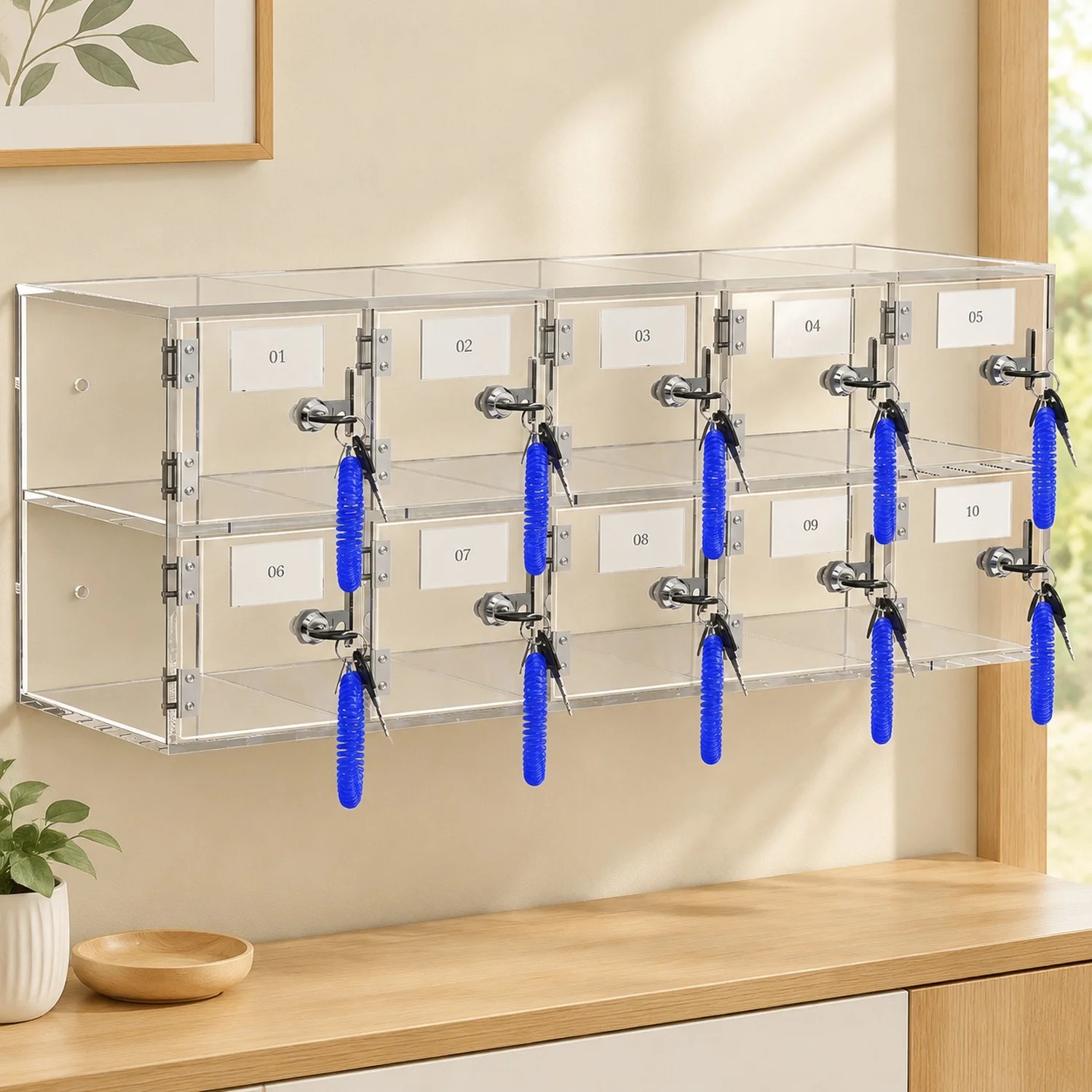 Cell Phone Storage Locker, 10 Slots Acrylic Material with Door Locks and Keys, Wall-Mounted Cabinet Pocket Office Classroom Gym