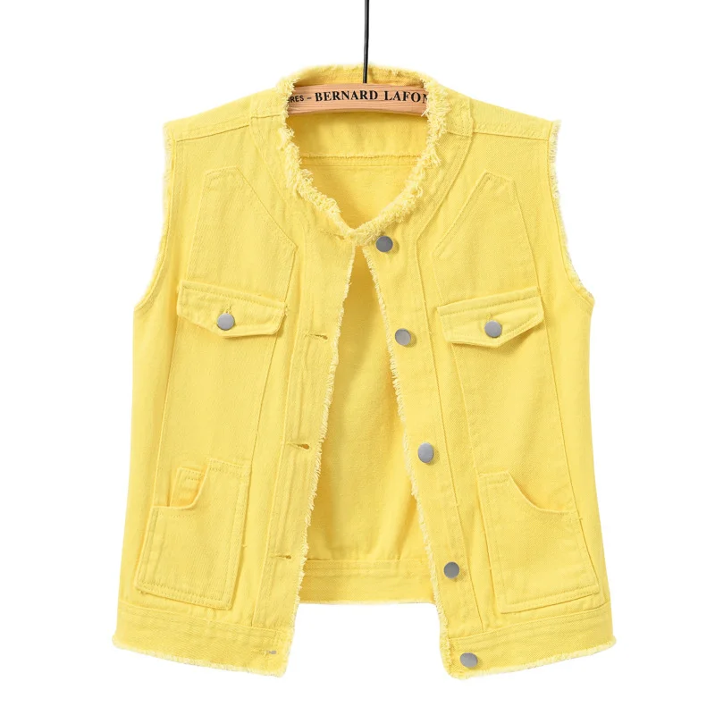 Gilet en Jean Décontracté pour Femme, Veste d'Automne, Rose, Jaune, Blanc, Orange, Vert, 5XL