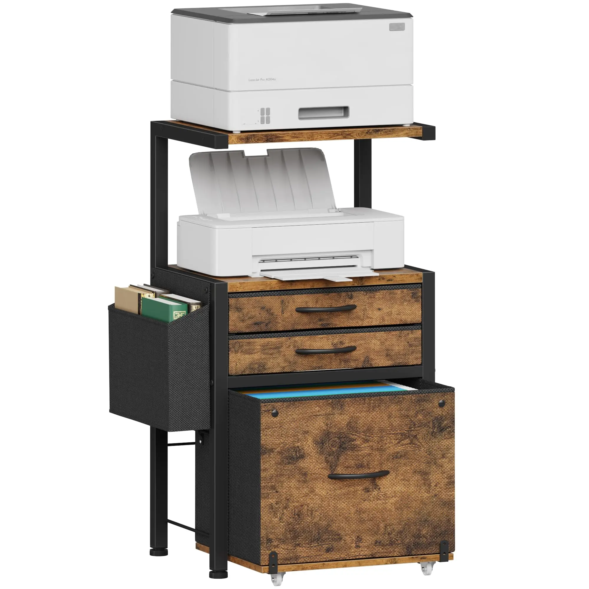 

3-Drawer File Cabinet With 2-Tier Printer Shelves Office Storage Unit Rustic Brown
