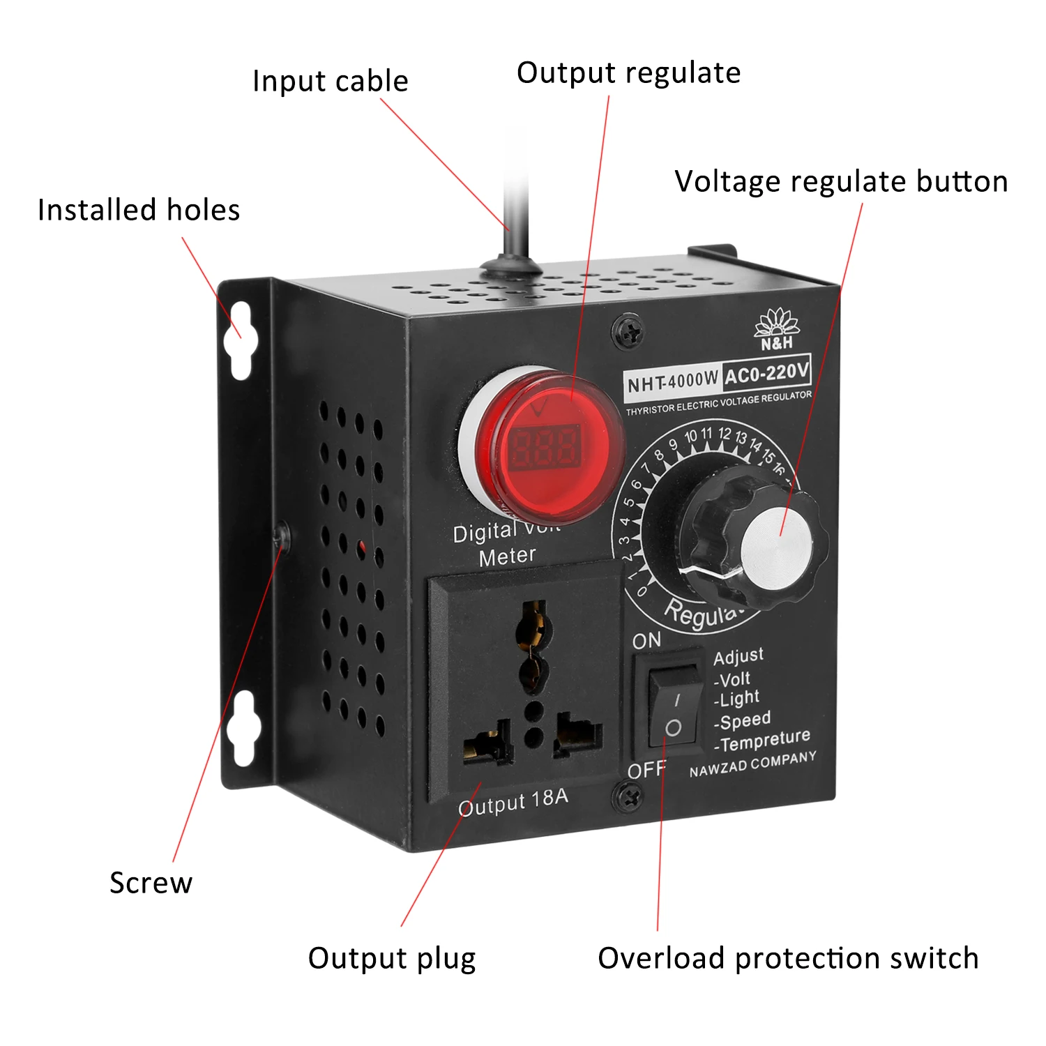 AC 220V 4000W Compact Variable Voltage Controller Portable Speed Temperature Light Voltage Adjuatable Dimmer