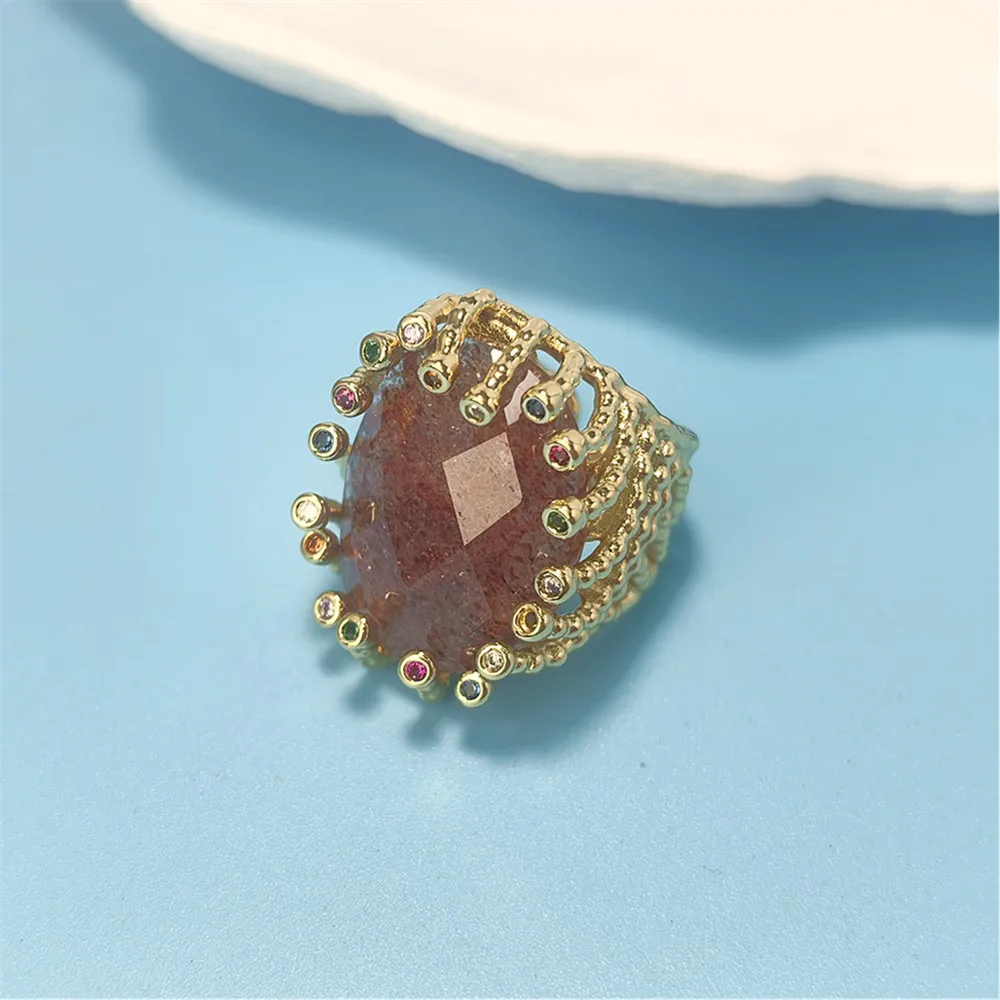 1Pcs Goden Plated Natural Stone Ring,Weaving Design Cubic Zirconia Fashion Jewelry Suitable For Valentine\'s Day Gifts RG057