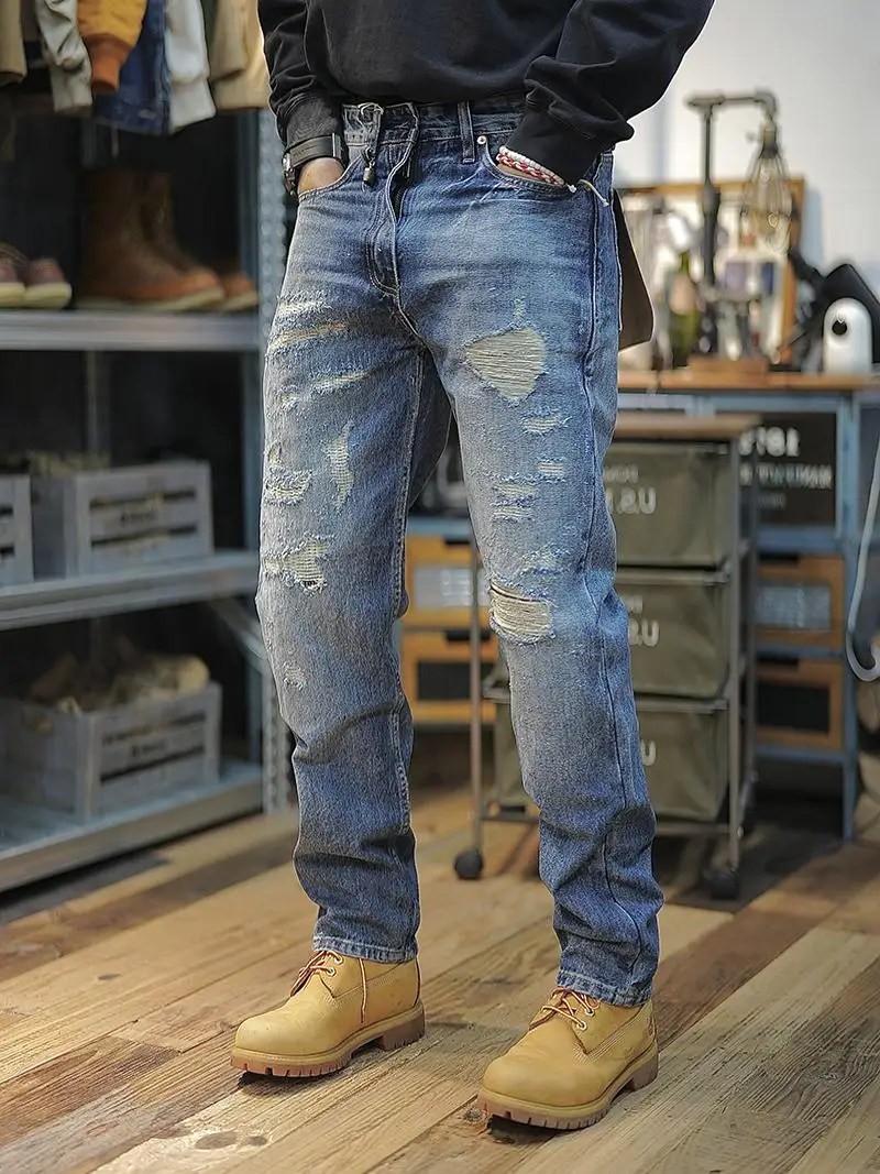 2024 European American High Street Heavy Washed Used Piercing Patch Ripped Hole Denim Jeans Kanye Super Hot Straight Pants Men