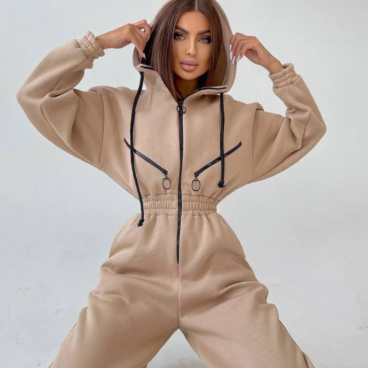 

2025 Winter Trendy Hooded Jumpsuit Set Comfortable Oversized Sporty Outfit Women Casual & Sporty Looks Thick One-piece Suit