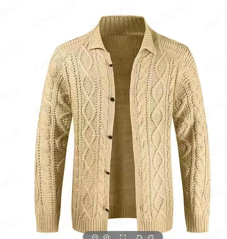 Herren Stehkragen Zopfmuster Strickjacke Dicker Knopfverschluss Pullover Jacke Vintage Langarm Warme Lässige Winter Strickoberbekleidung Mantel – Detail 2