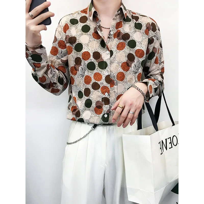 

Elegant Long Sleeve Polka Dot Men's Shirt Casual Drapey Korean Style Trendy Floral Cotton Polyester Spring Autumn Wear