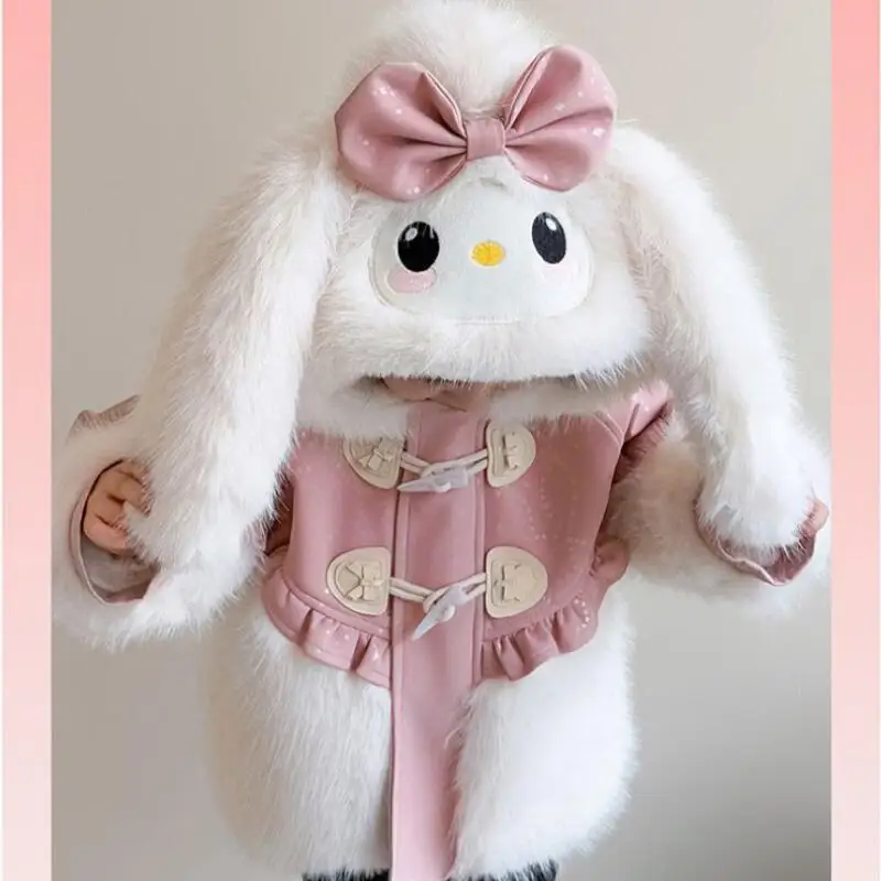 

Зимняя куртка My Melody для девочек, утепленная хлопком, с длинными ушками, бантом, отделкой из экокожи, флисовая подкладка, теплая верхняя одежда для улицы