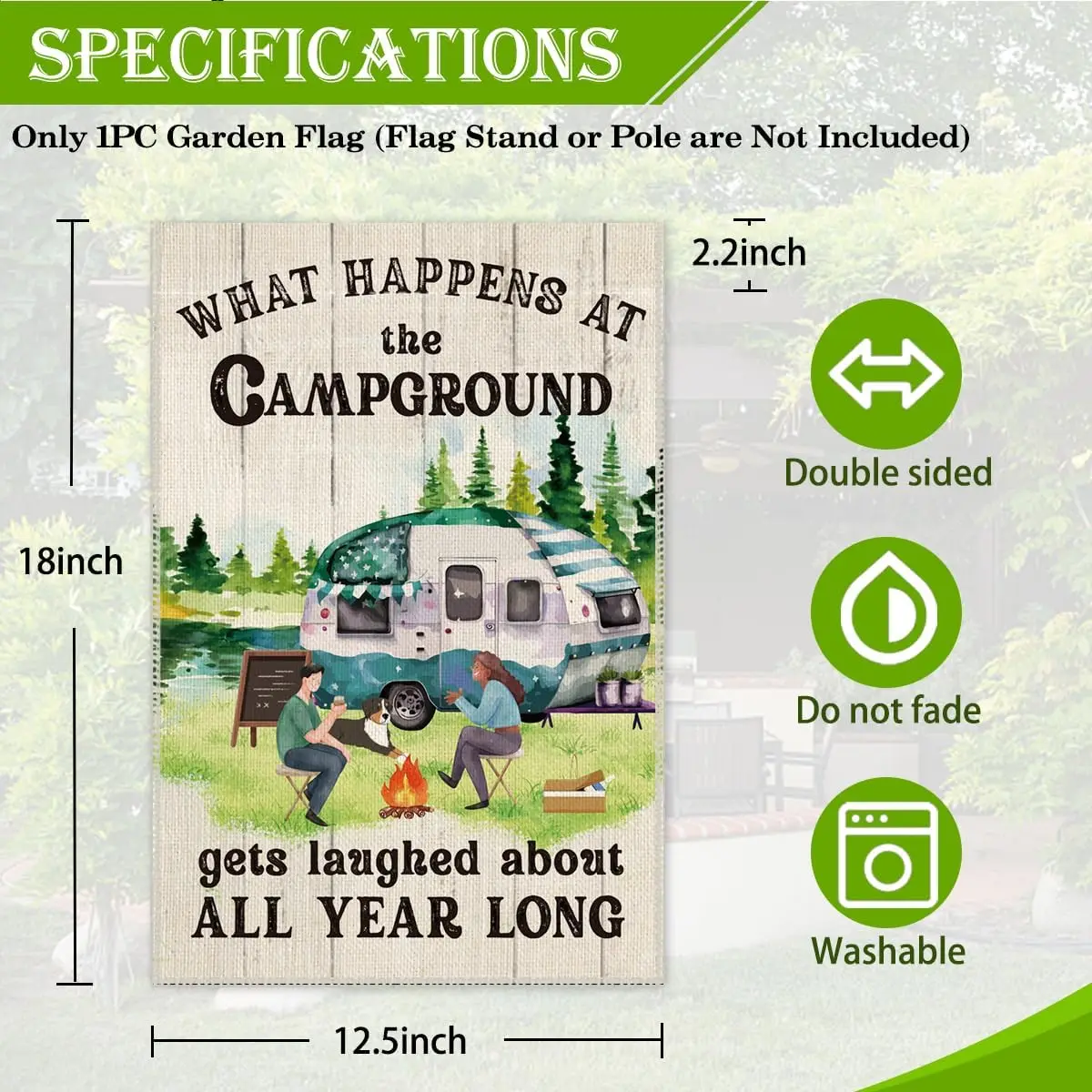 Hafhue What Happens at Campground Get Laughed Garden Flag, 12 x 18 Inch Holiday Yard Outdoor Farmhouse Lawn Decoration Flag, RV