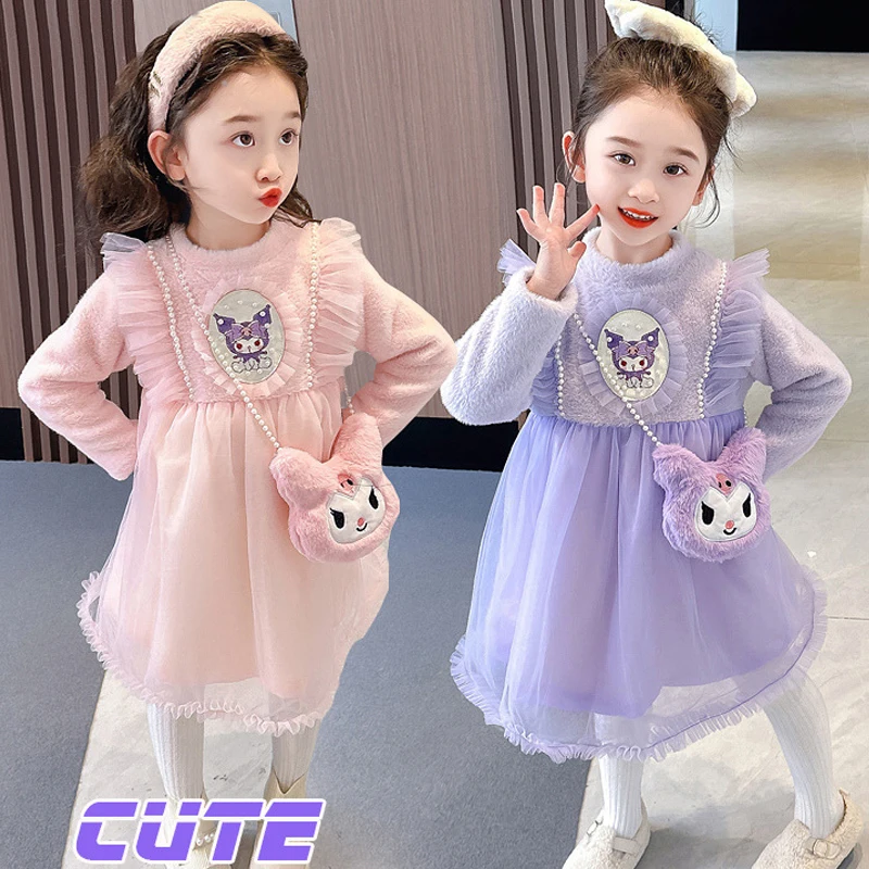 Sanrios Kuromi Autumn Winter New Cartoon Dress Kawaii Cute Leisure Versatile Lolita Western Style Princess Dress Girls Gifts