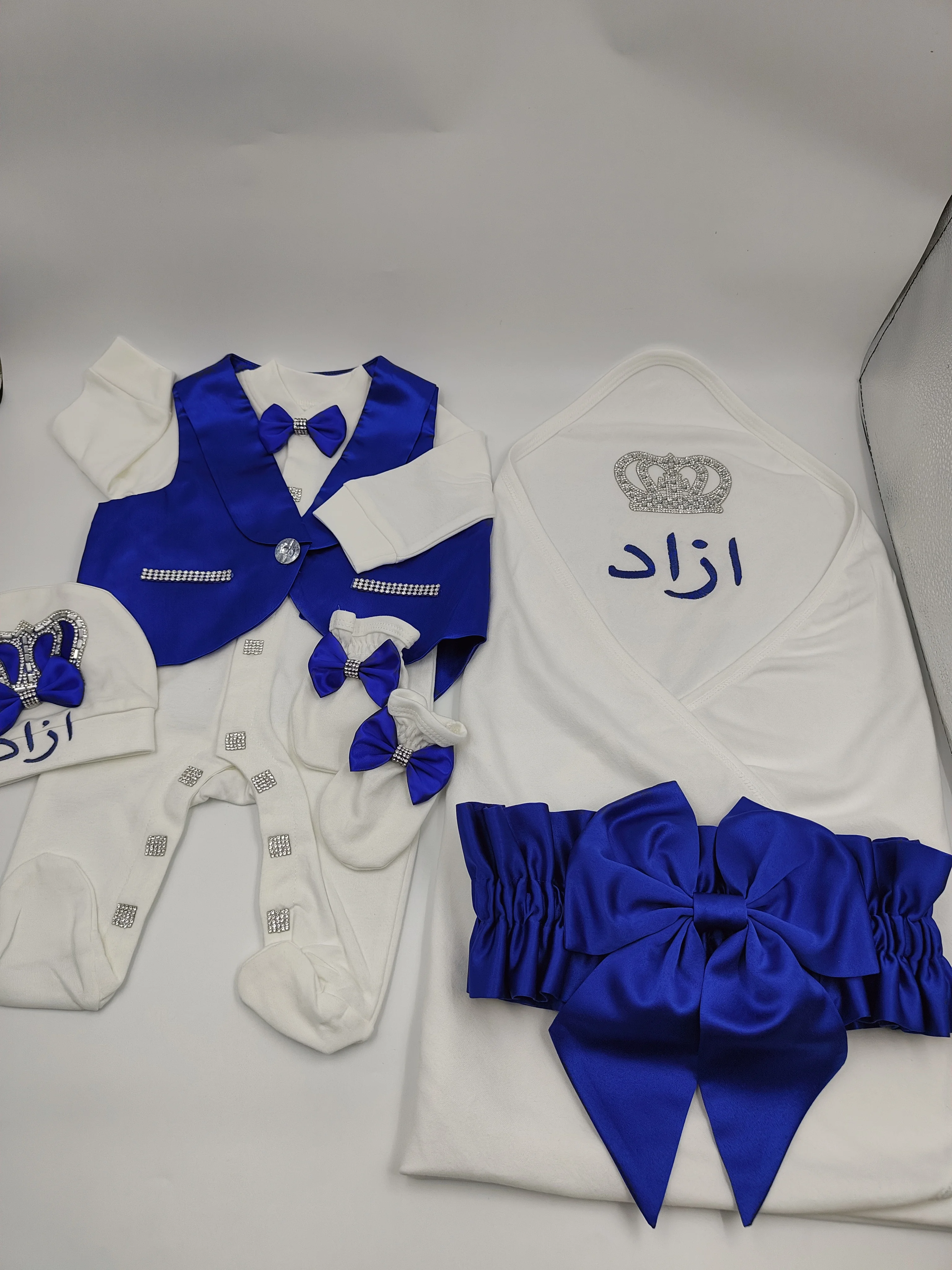Newborn Boy 6Pcs Royal Blue Satin Gentleman Suit Footed Romper With Swaddle Blanket