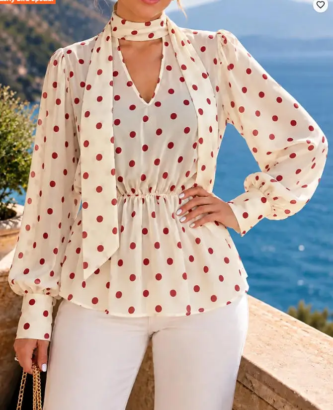 Women's Fashion Polka Dot Mock Neck Backless Chiffon Top 2026 Spring New Lantern Sleeve Casual Blouse with Draped Tie Details