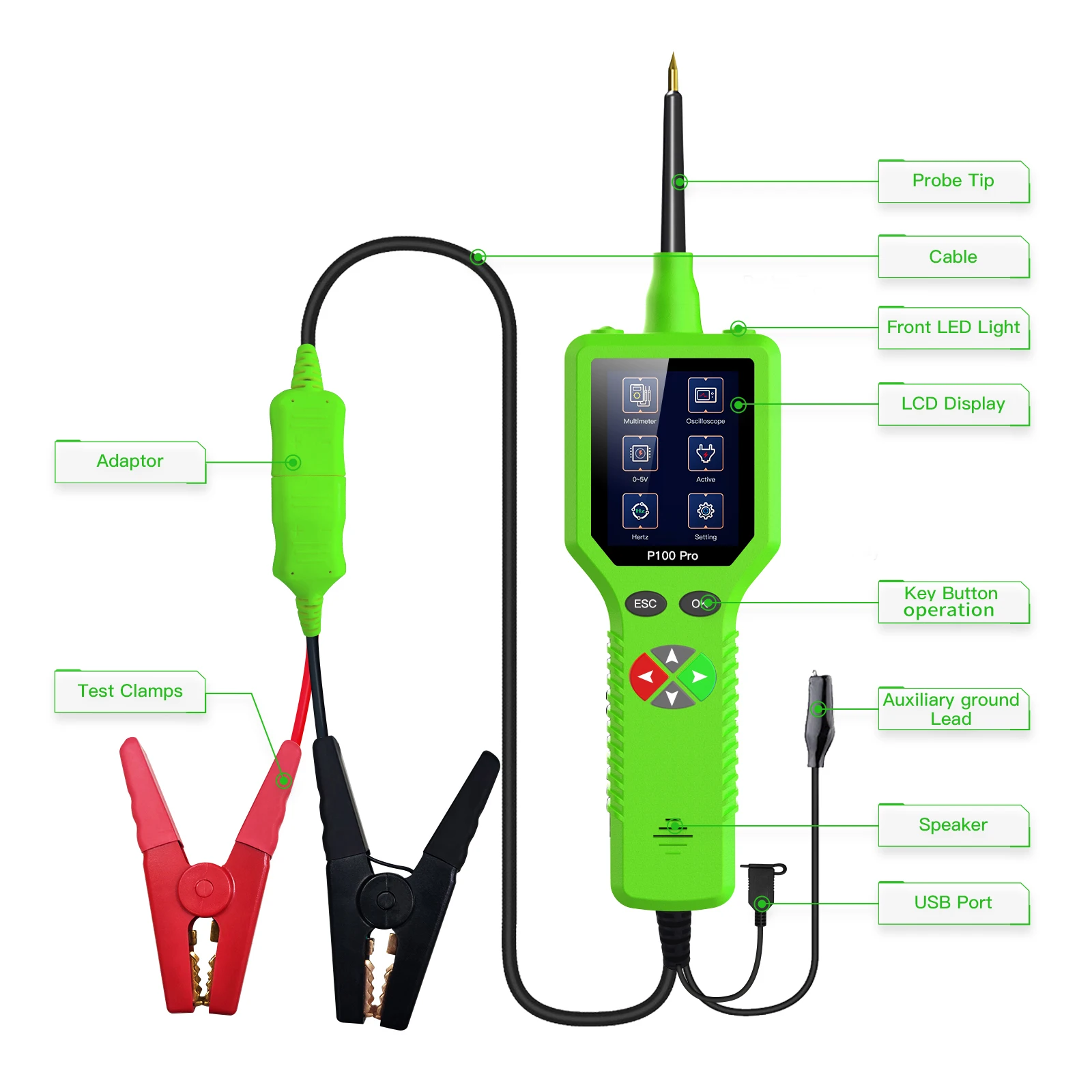 TopDiag P100 Pro 9-30V Car Circuit Tester Automotive Circuit Diagnostic Tester 12V 24V Circuit Probe Kit Digital Oscilloscope