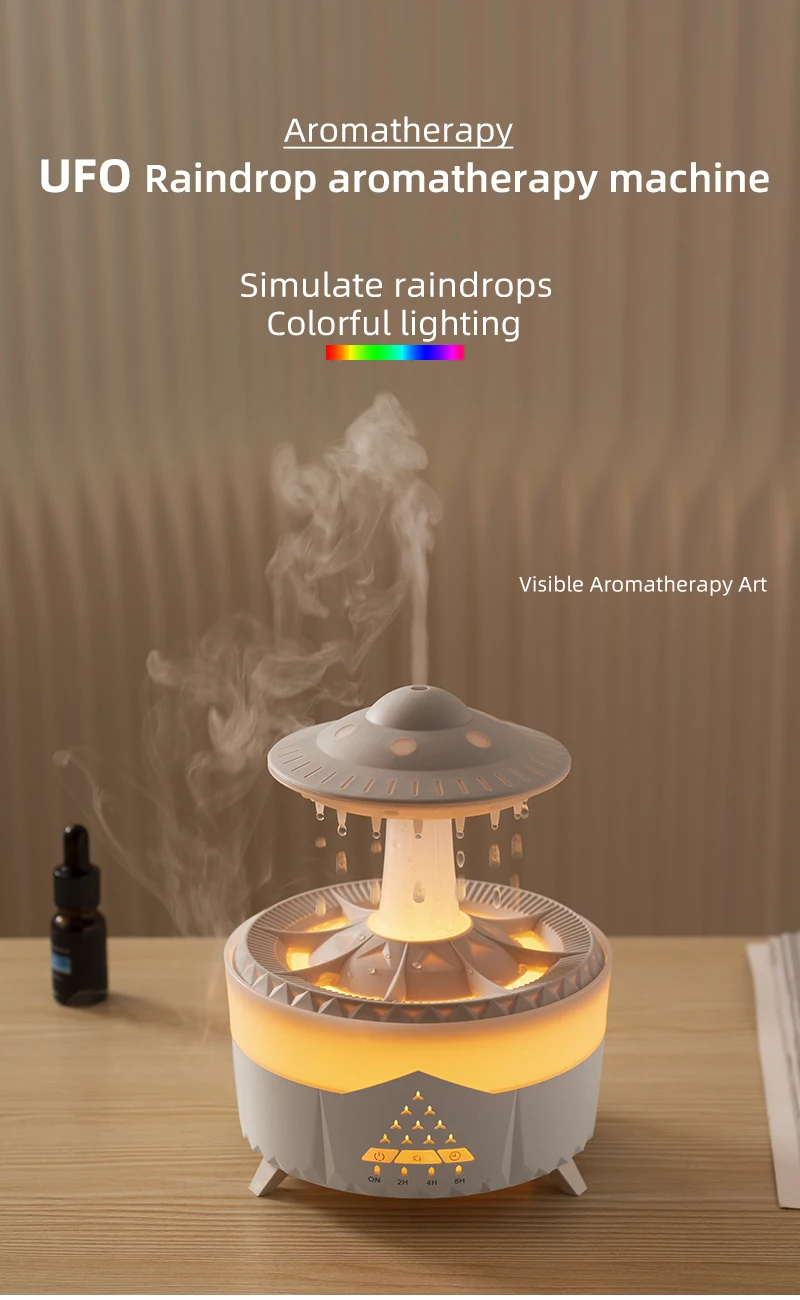 350 ml Aroma Luftbefeuchter Mini USB Fernbedienung Regentropfen Bunte Licht Aromatherapie Zimmer Regen Wolke Aroma Öl Diffusor – Detail 4