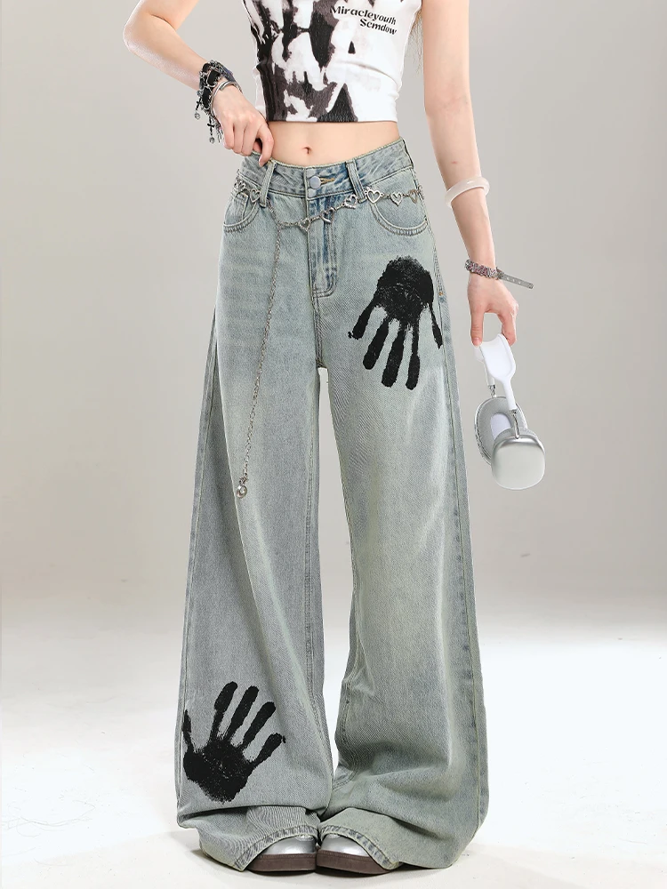 

American fiti Print Casual Loose Wide Leg Jeans Women's Summer New High Waist Slimming Denim Pants Vintage Sle Blue