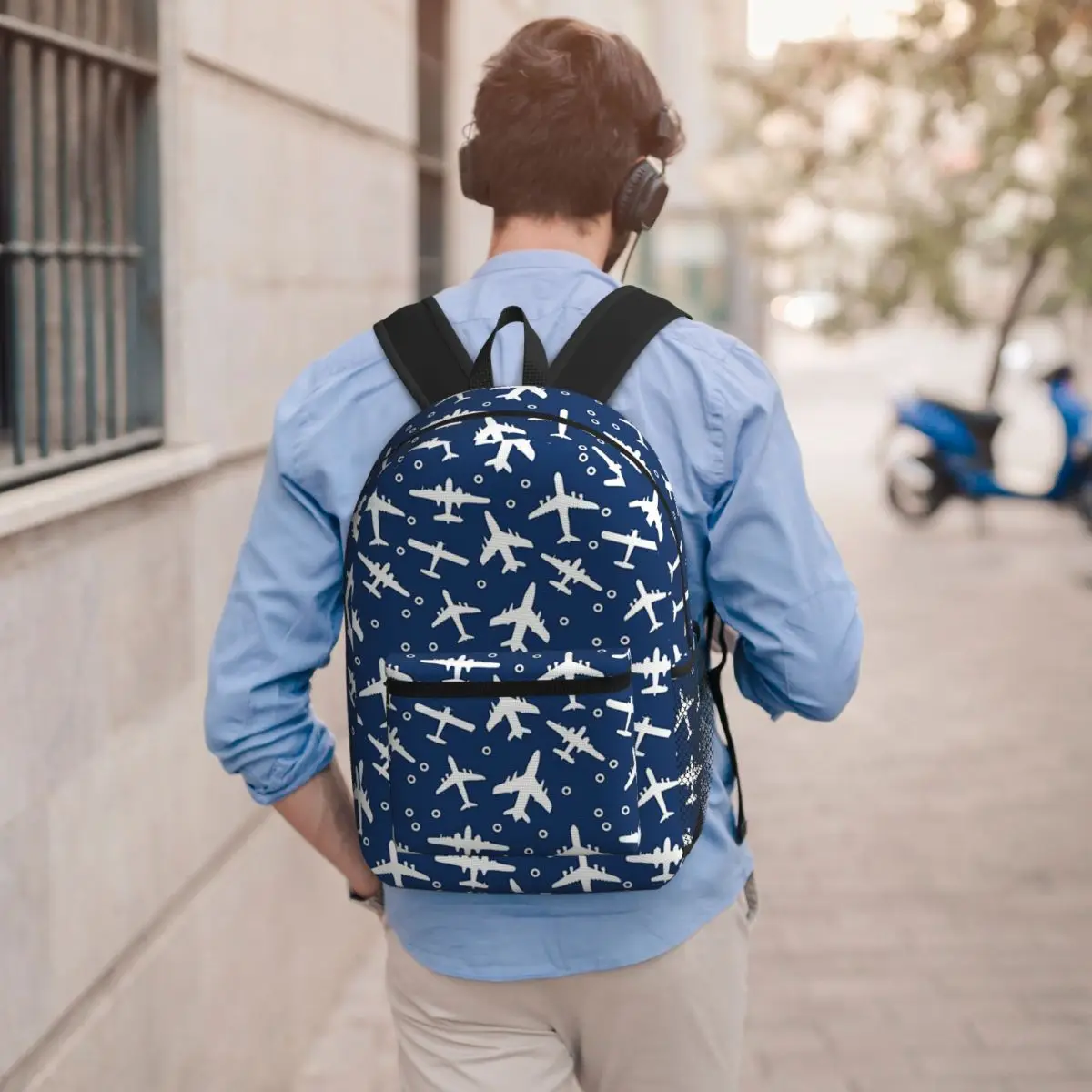Blue And White Aeroplanes Silhouette Pattern Backpack School Bag Hiking Travel Daypack for Boys Girls Bookbag Shoulder Bags