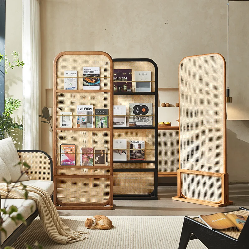 Rattan screen removable household simple art solid wood shelf