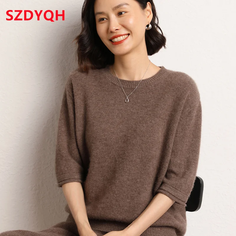 Hot Sale 100% Cashmere Sweaters Women\'s Loose Large Size Pullovers Autumn Female Casual Clothing Short Sleeve Soft Jumper Tops