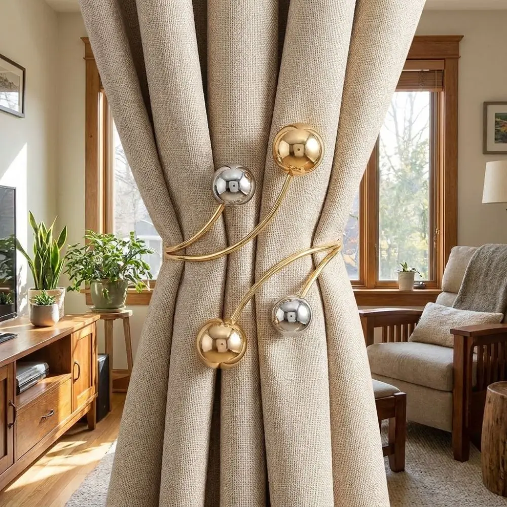 2PCS Simple Alloy Round Bead Curtain Buckle Belt Pearl Alloy Decorative Curtain Holdback Adjustable Curtain Clips Holiday Decor