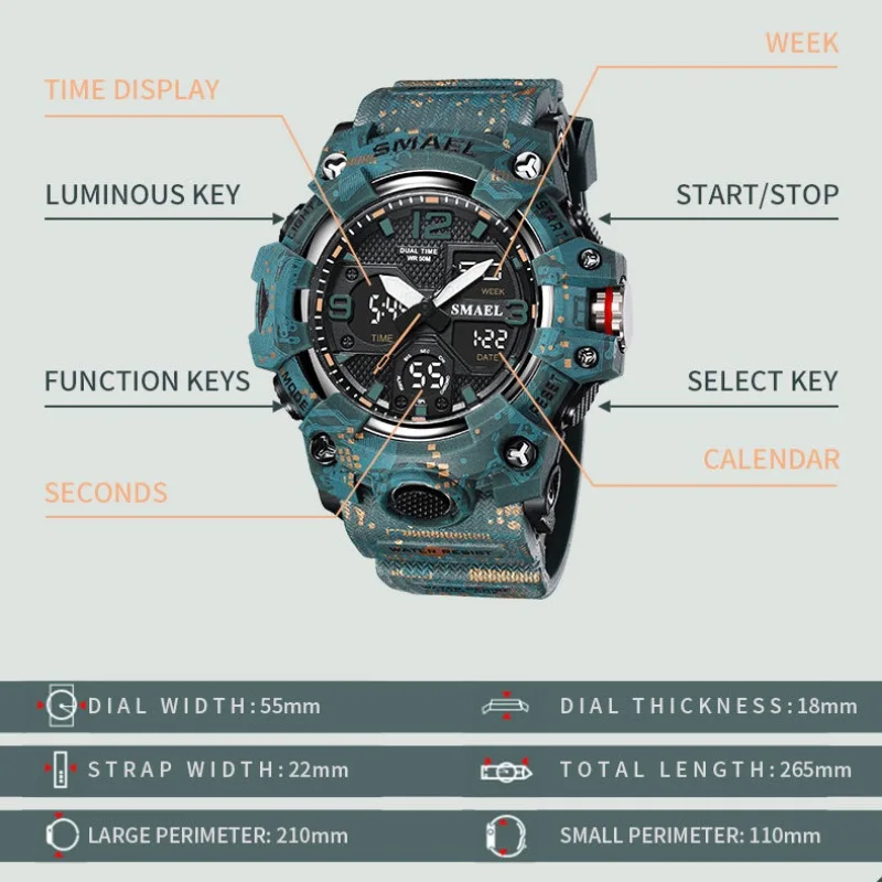 2025 جديد ساعات رجالية 50 متر مقاوم للماء ساعة رياضية رجل عسكري ساعة رياضية رقمية مزدوجة العرض ساعة إلكترونية ساعة كوارتز