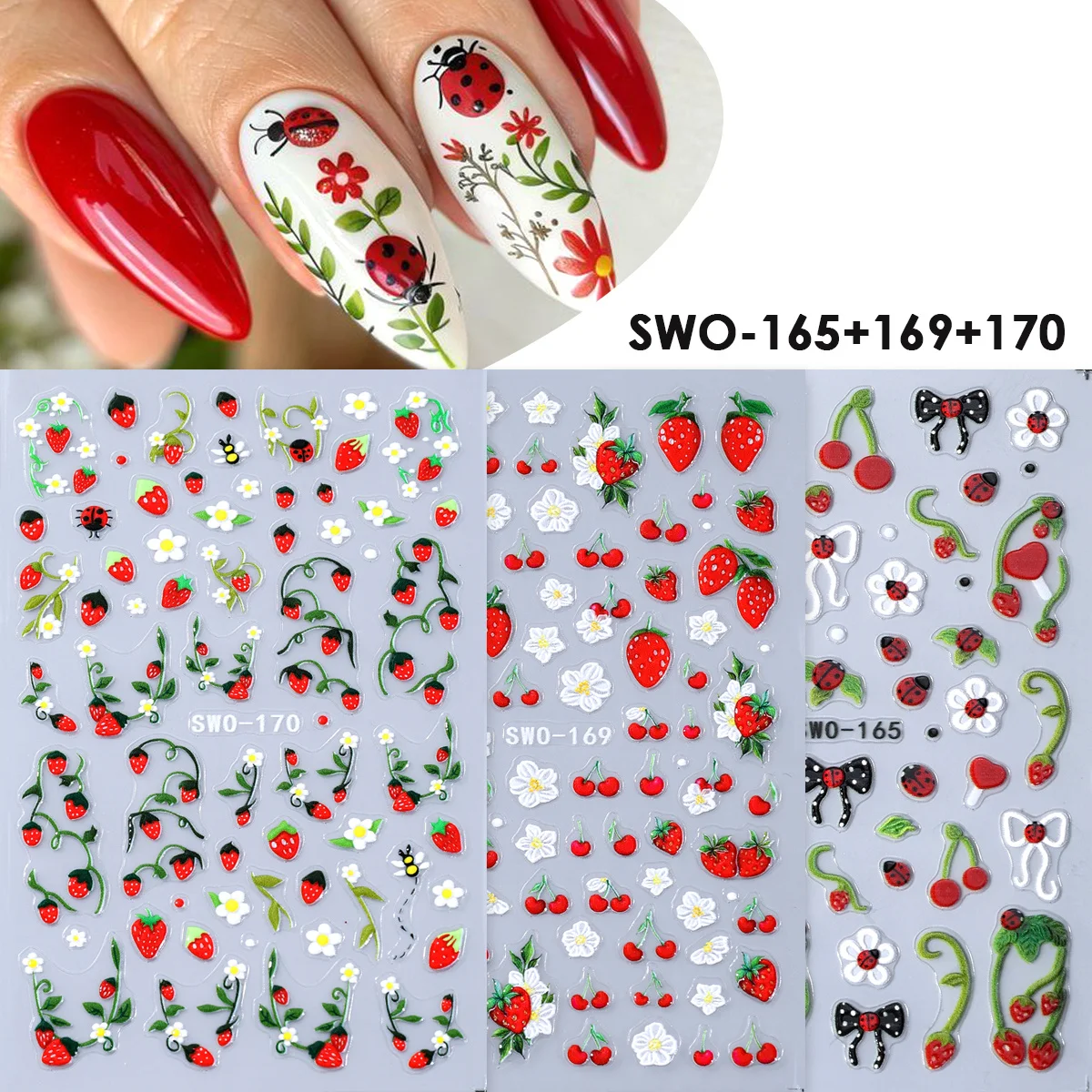 3pcs Schattige Bee & Lieveheersbeestje Matte Nagelsticker Aardbei Daisy Insecten Kersen Design Zelfklevende Sticker Zomer Sliders Manicure Folies