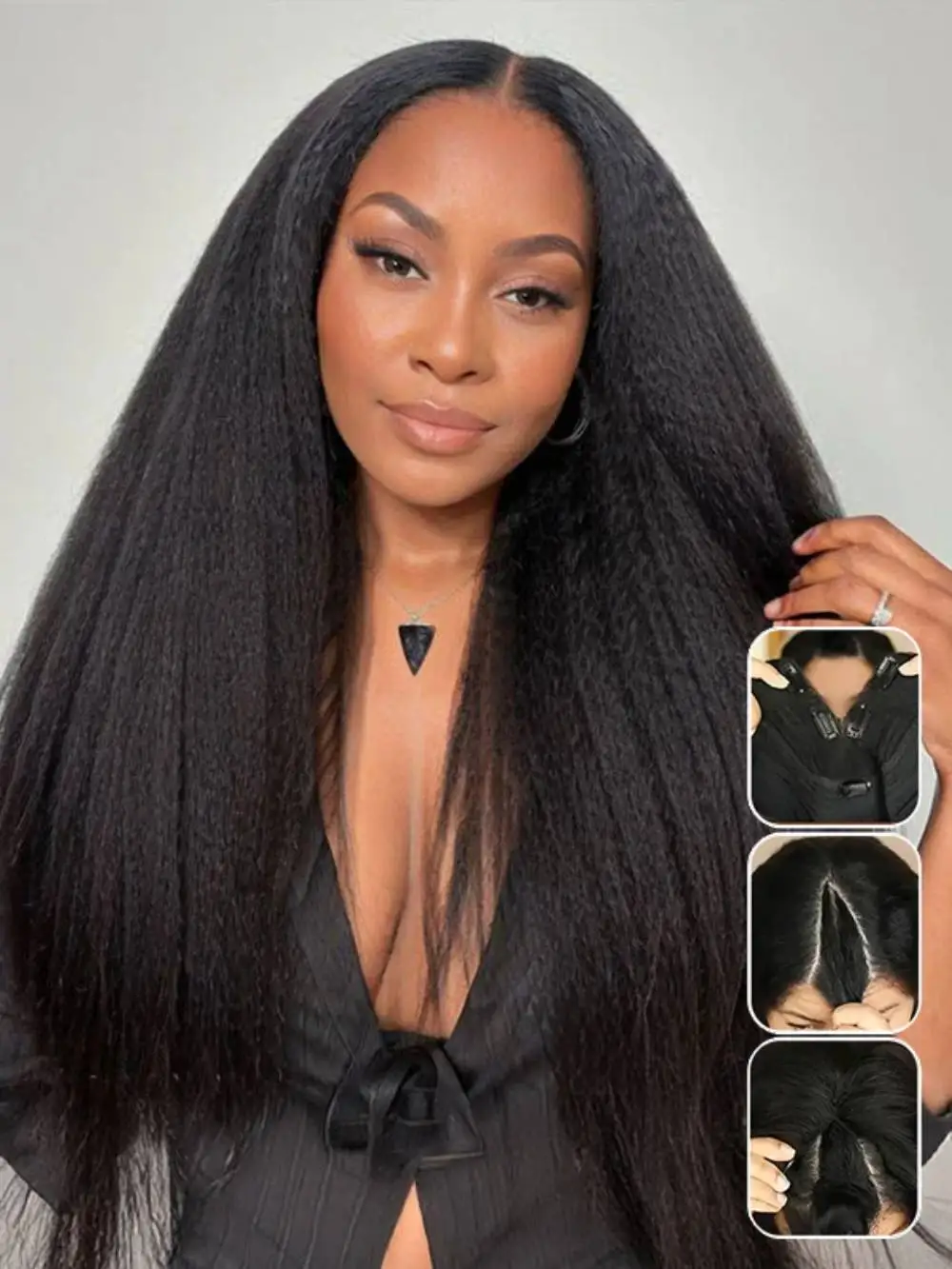 V Part Kinky Straight Wig Human Hair with Drawstring 200% Density Glueless U Part Upgraded Natural Unprocessed Human Hair Wigs for Women No Sew in V Shape Clip In Half Wig Human Hair