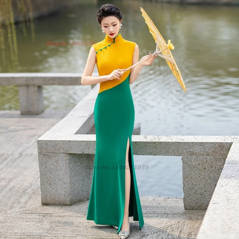 2026 chinese traditional qipao stage performance dress vintage sleeveless patchwork cheongsam oriental banquet evening dress