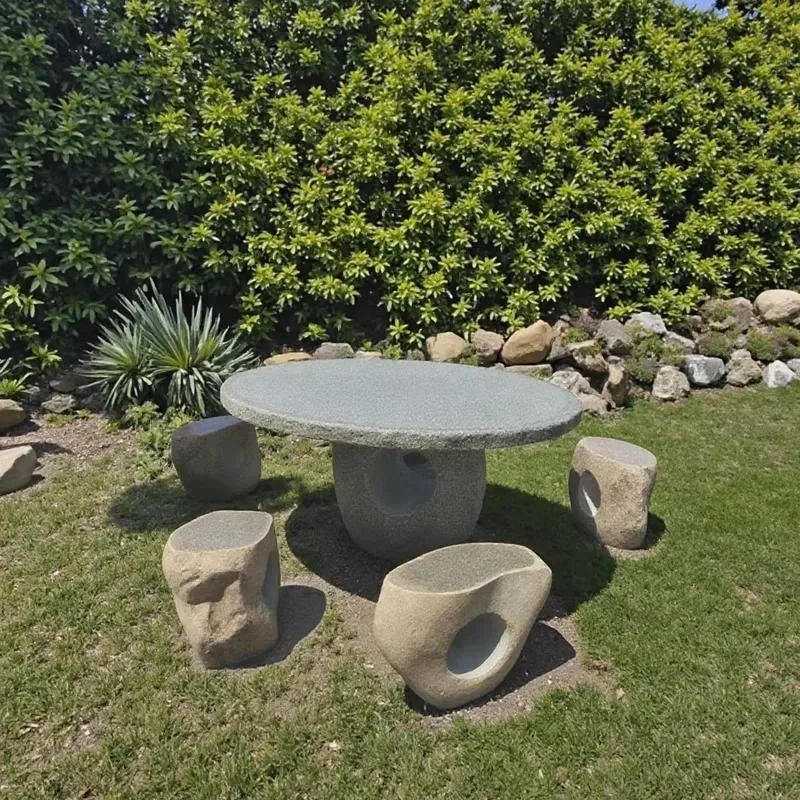 Modern Outdoor Natural River Pebble Carved Dining Table and Chair Set Coffee Garden Furniture