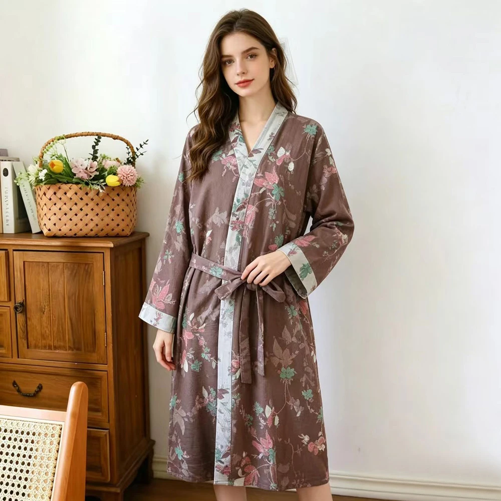 

Retro Floral Kimono Robe Bathrobe For Women Pajama Pure Cotton Long Sleeve Dressing Gown Sleepwear Night Grow For Female