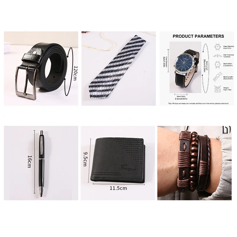 New Men Gift Set with Box Watch Bracelet Tie Cufflinks Ballpoint Pen Belt and Wallet Set for Men Boyfriend Son Dad Husband Gifts