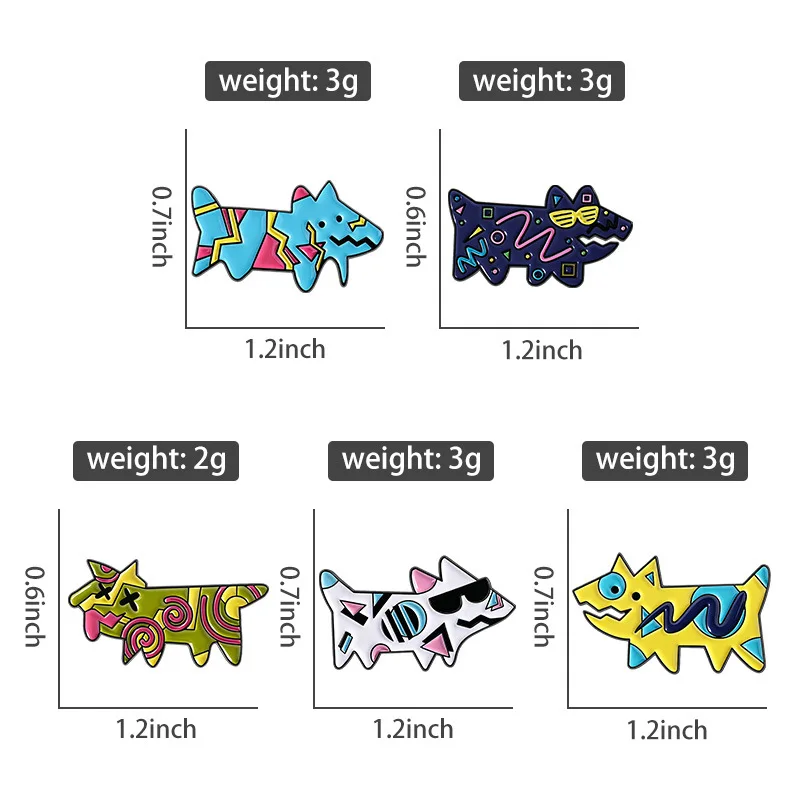 5pcs Cute Cartoon Radiation Puppy Enamel Brooch Creative Color Block Abstract Dog Lapel Pin Badge Jewelry Gift for Kid Friend