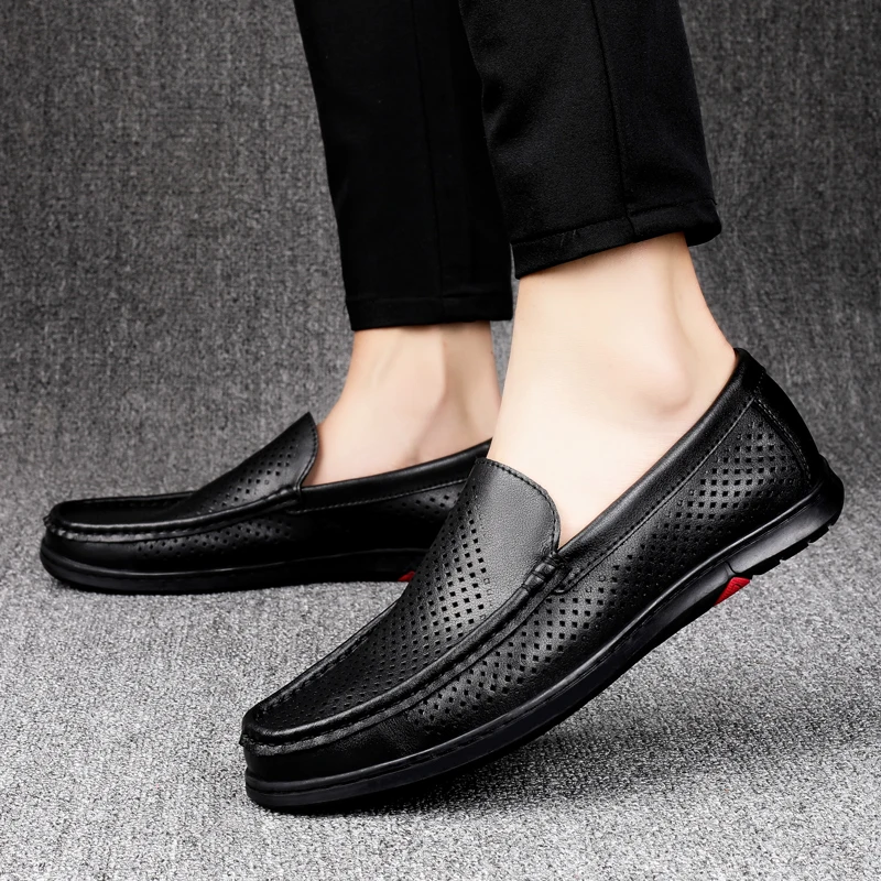 2023 Men Black Hollowed Out Leather Shoes Brand Summer Genuine Leather Mens Loafers Moccasins  Breathable Slip on Driving Shoes