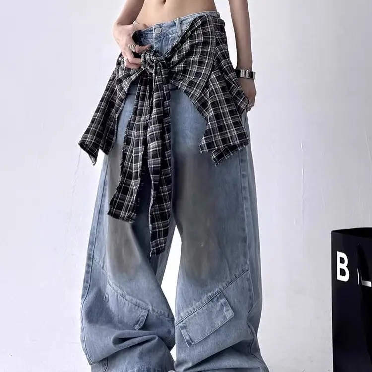 

Spring and Summer New Real Two-Piece Disassembly Plaid Fart Curtain Tooling Retro Jeans Loose Wide-Leg Pants for Women