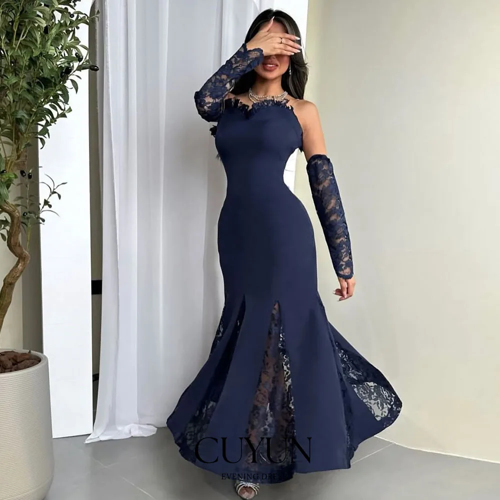 CUYUN Navy Blue Lace Patchwork Prom Dresses Saudi Strapless Mermaid Elegant Party Gown Customized Women Special Occasion Dresses