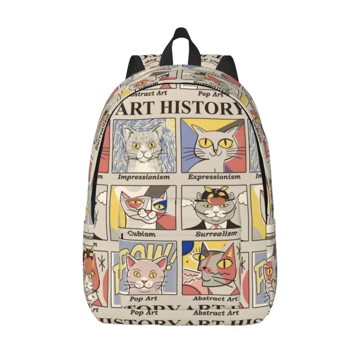 Art History Funny Cat Cartoon Backpack Middle High College School Student Bookbag Teens Canvas Daypack Fit Sports Hiking