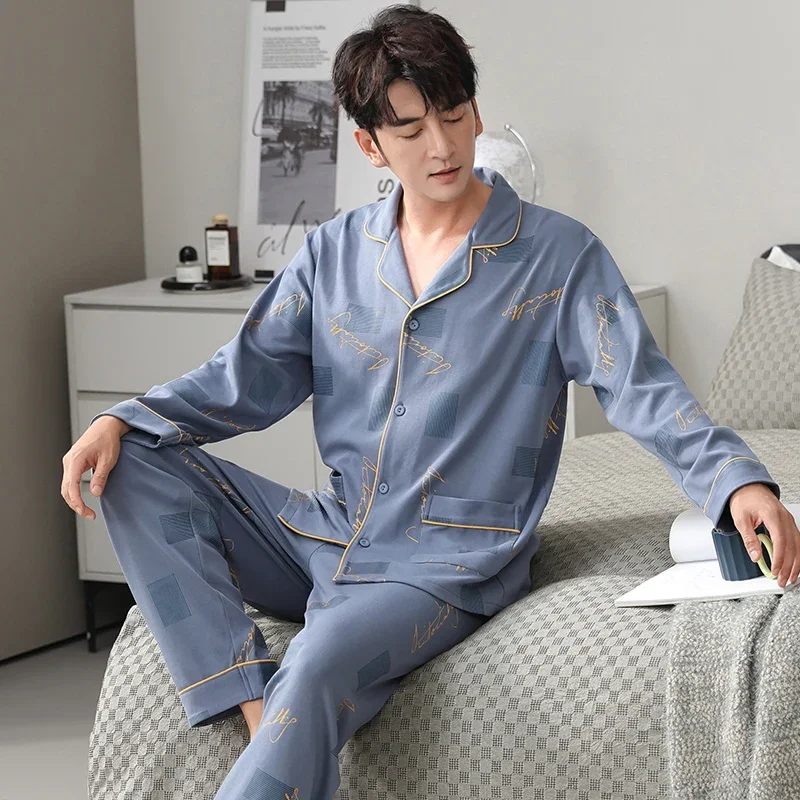 Business Men Nightwear Leisure Cardigan Sleepwear for Gentleman Mens Lounge Wear Autumn Spring Soft Cotton Pajamas Set for Man