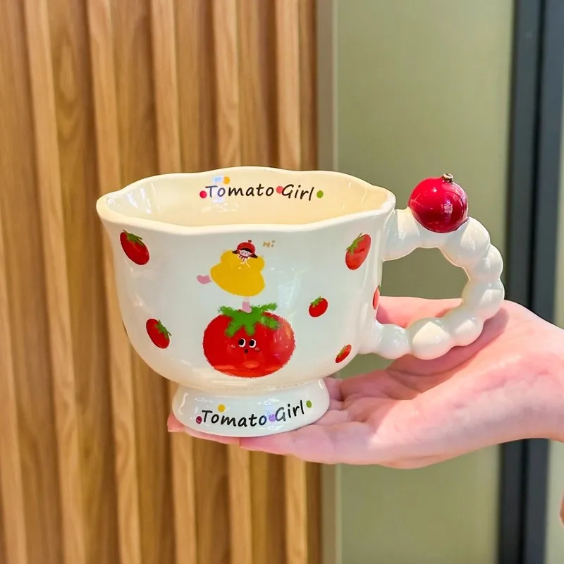Cartoon Character Ceramic Cup New Household Handle Exquisite Coffee Mugs for Women Underglaze Color Cream Wind Stemmed Cup