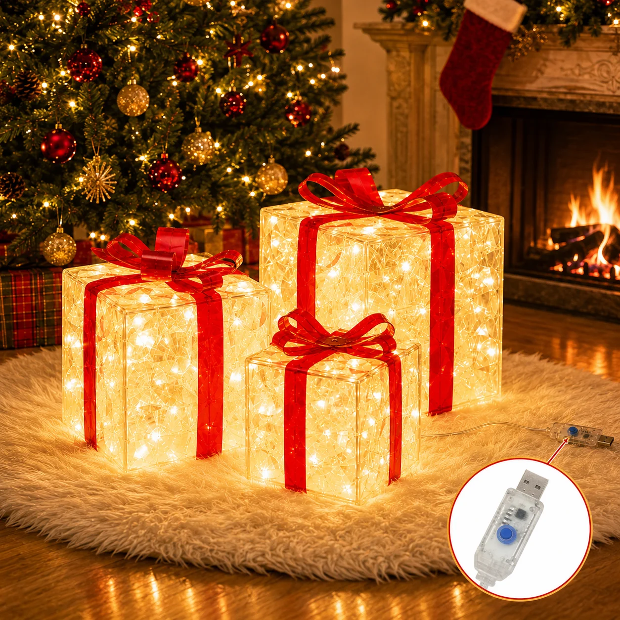 Christmas Lights USB LED Gift Box Lights 3PCS Lighted Present Boxes for Christmas Tree Fireplace Indoor Xmas Holiday Decorations