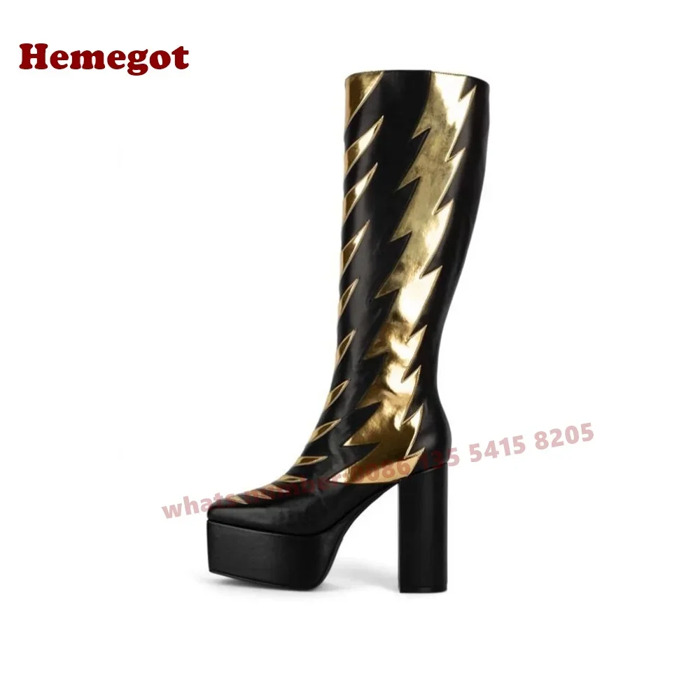 Metallic Splicing Knee High Boots Round Toe Platform Chunky Heels Women's Long Boots Side Zipper 2025 Winter Casual Shoes Sexy