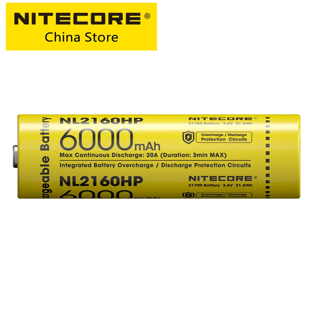 Original NITECORE NL2160HP 21700 6000mAh 20A 3.6V IPX6 Protected Li-ion ButtonTop High-performance Rechargeable Battery 1 Piece