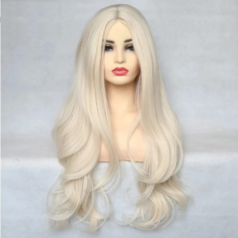 

Platinum blonde Dress Up Wig Long Wavy Heat Resistant Human Hair 24in